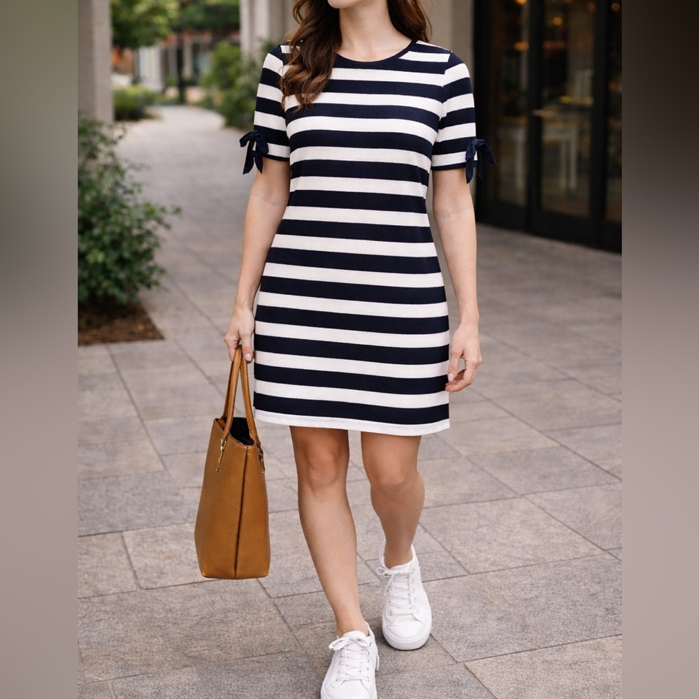 Preppy Navy White Stripe Shift Dress | Bow Sleeve | Stretch | M